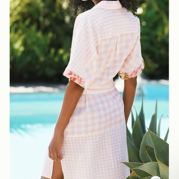 Maeve Felicia Peach Pink Plaid Floral Midi Short Sleeve Button Shirt Dress  XS - Picture 2 of 6